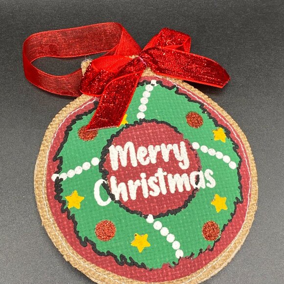 Holiday Time "Merry Christmas" Red Green Burlap Ornaments Set of 4 - Picture 3 of 12